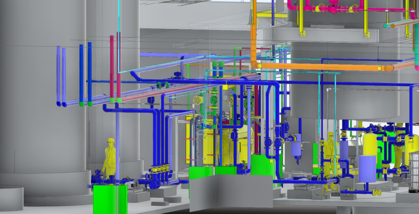 Imagem de uma planta industrial com uma complexa rede de tubulação em polipropileno (PP) colorida, em várias tonalidades, interligada a equipamentos e tanques.