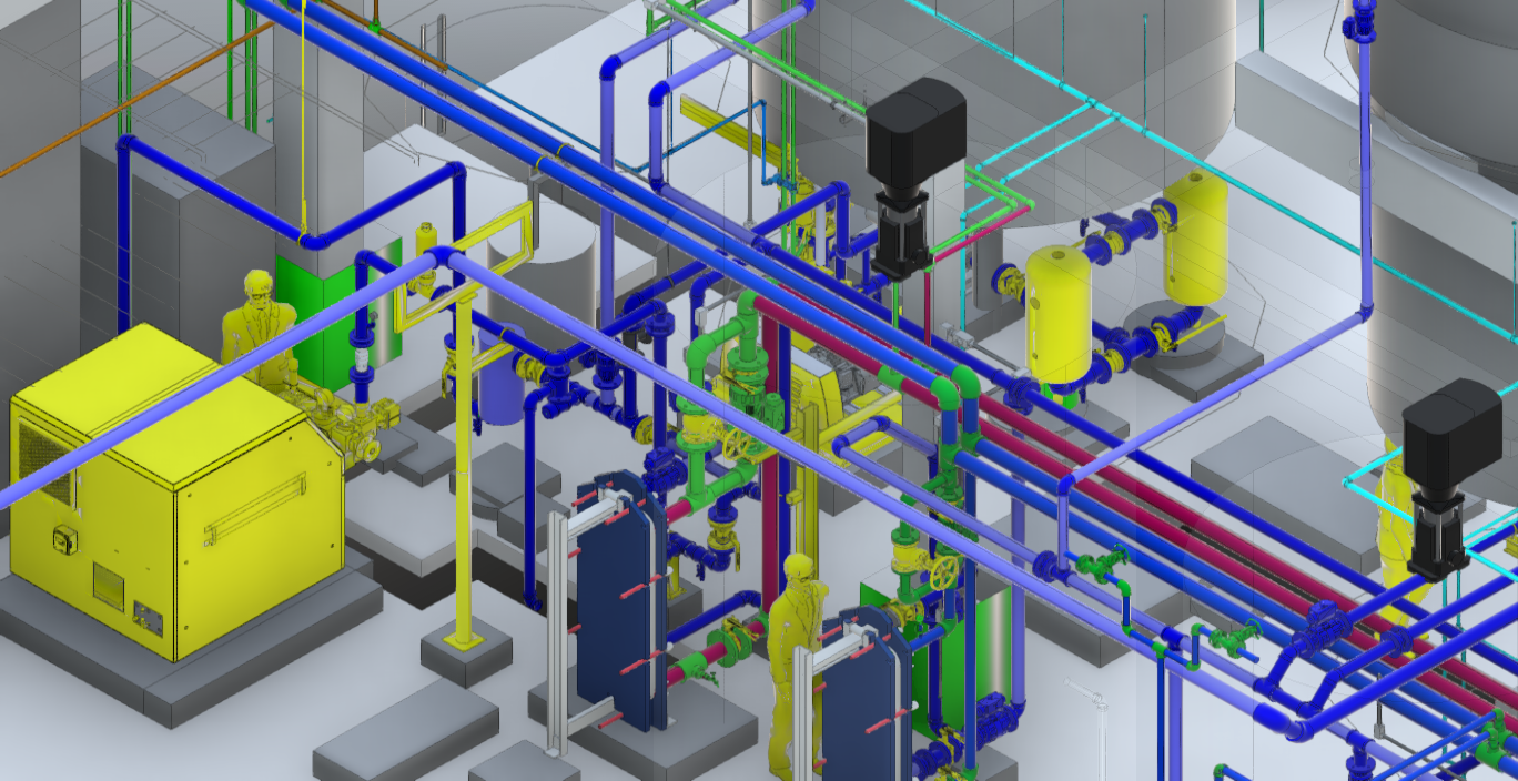 Imagem de uma planta industrial com uma complexa rede de tubulação em polipropileno (PP) colorida, em várias tonalidades, interligada a equipamentos e tanques.