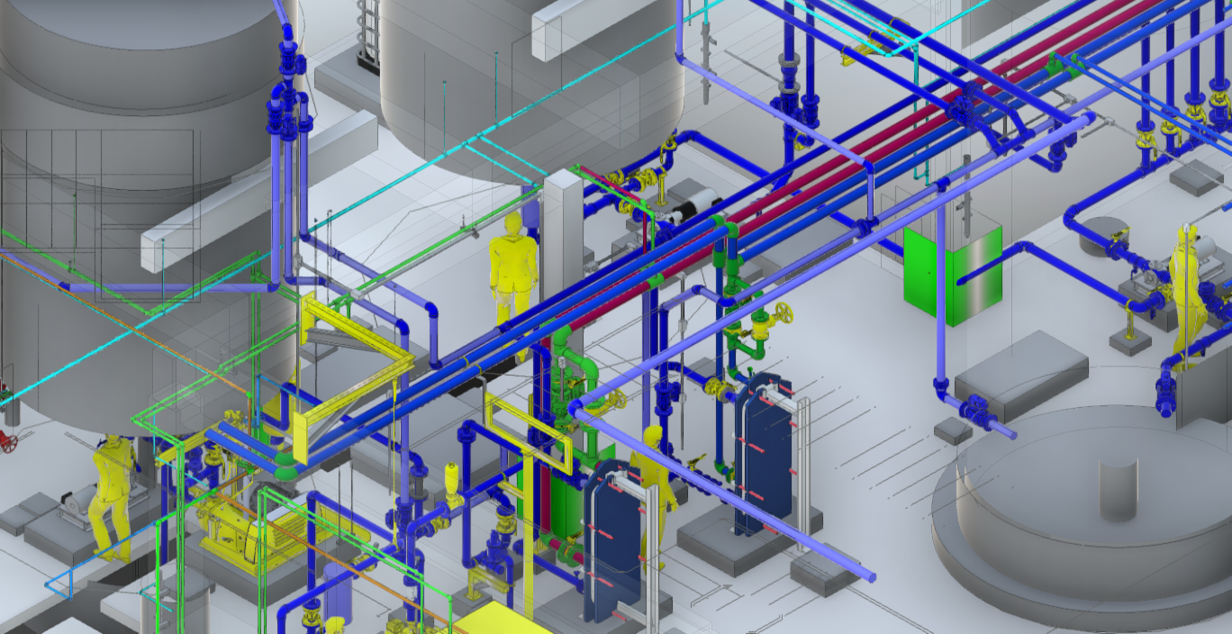 Imagem de uma planta industrial com uma complexa rede de tubulação em polipropileno (PP) colorida, em várias tonalidades, interligada a equipamentos e tanques.