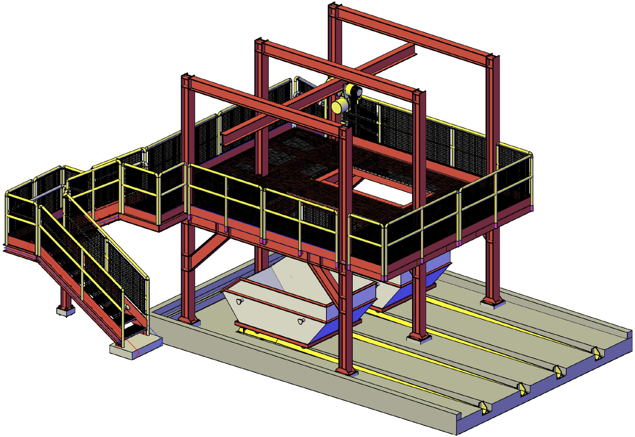 Ilustração isométrica de uma estrutura metálica com plataformas elevadas, corrimãos de segurança e uma escada de acesso lateral. A estrutura parece ser destinada ao suporte de equipamentos industriais ou cargas, com uma área inferior que comporta recipientes grandes e uma base de concreto com trilhos.