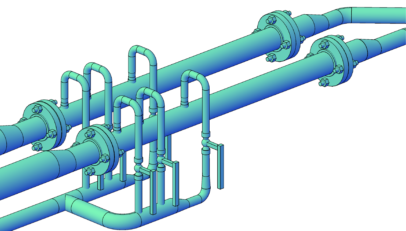 Representação 3D de um sistema de tubulação industrial. A imagem mostra tubos paralelos e interconectados com várias conexões e válvulas, sugerindo um sistema de transporte de fluidos. A tubulação inclui flanges e suportes em alguns pontos.