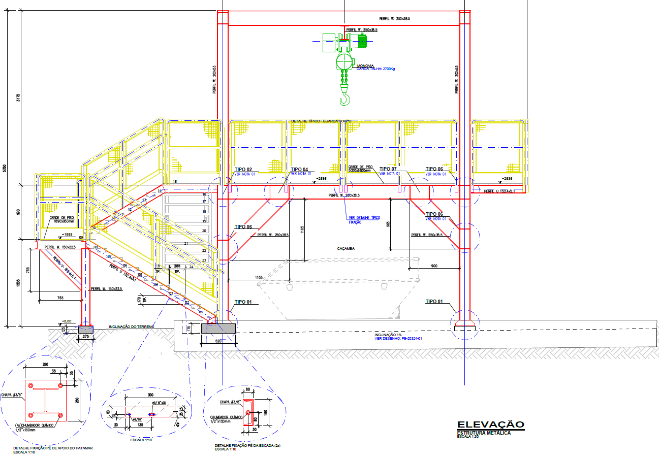 Desenho técnico em vista lateral de uma plataforma industrial metálica. O desenho mostra as dimensões e especificações da estrutura, incluindo a escada de acesso, corrimãos de segurança e detalhes estruturais, como perfis metálicos e fixações. O projeto inclui um guincho no topo da plataforma.